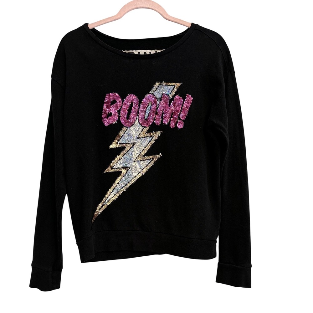 PINK Victoria's Secret Black Sequin Lightning‎ Bolt BOOM Sweatshirt XS
